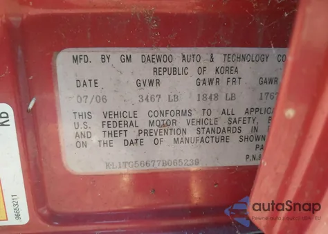 2007 Chevrolet Aveo Lt z USA, uszkodzony, nr VIN KL1TG56677B065239